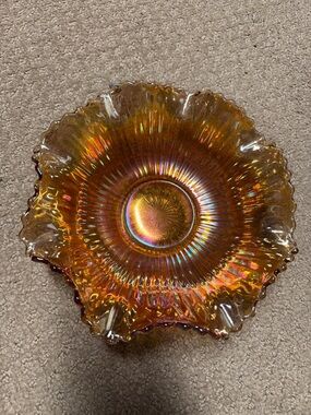 Fenton Marigold Carnival Iridescent Orange Fringed Glass Candy Dish
